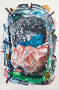Intervention 123 - Unbekannte Maschine fliegt über traditionelle Graslandschaft (120x80cm)