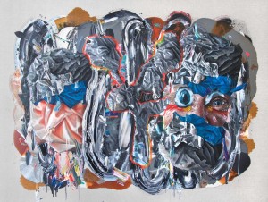 Intervention 125 - Landschaft mit Maschine, Blume und großäugigem Wahnsinnigen (150x200cm)